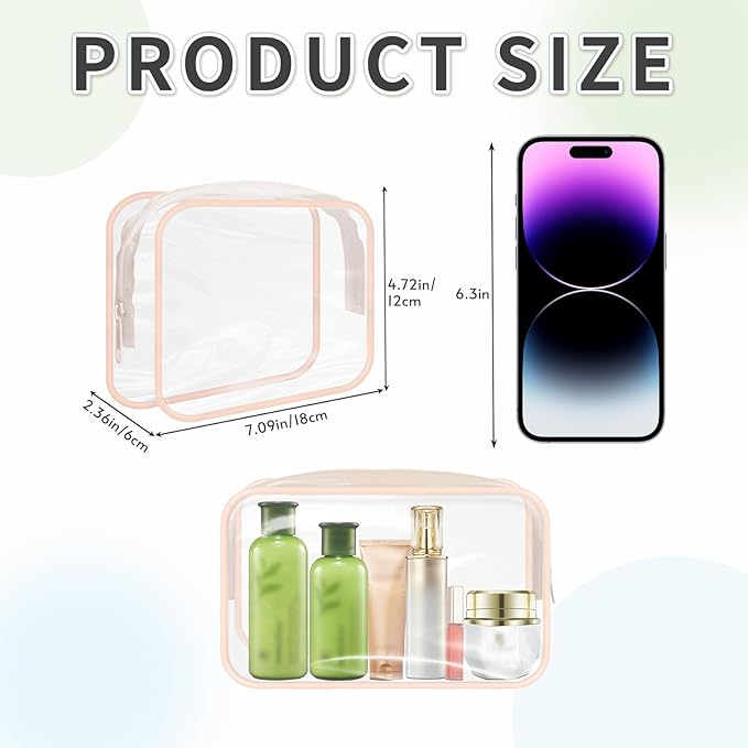 16 Pieces Clear Makeup Bags Bulk, TSA Approved Toiletry Bags Travel Pouch, Waterproof PVC Plastic Small Clear Cosmetic Bags with Zipper for Organizing (Light Pink Border)