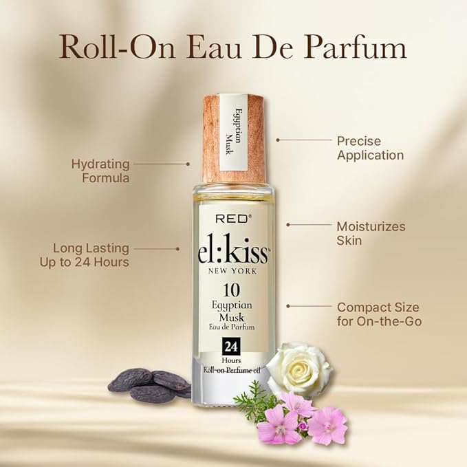 EL:KISS Roll On Perfume, Egyptian Musk Eau de Parfum 12mL (.40 Fl Oz), Hydrating & Long-Lasting, Alcohol-Free & Mineral Oil-Free, Infused with Jojoba, Argan & Coconut Oil