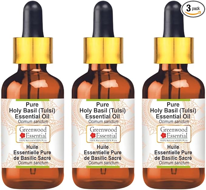 Greenwood Essential Pure Holy Basil Essential Oil (Ocimum Sanctum) with Glass Dropper Steam Distilled (Pack of Three) 100ml X 3 (10.1oz)