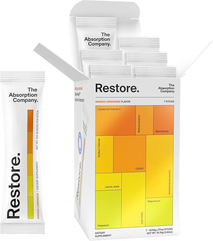 The Absorption Company Electrolyte Powder Packets - Workout Recovery & Hydration Drink Mix with Liposomal Glutathione, Vitamin C & Methylated B Vitamins - Mango Lemonade (7 Sticks)