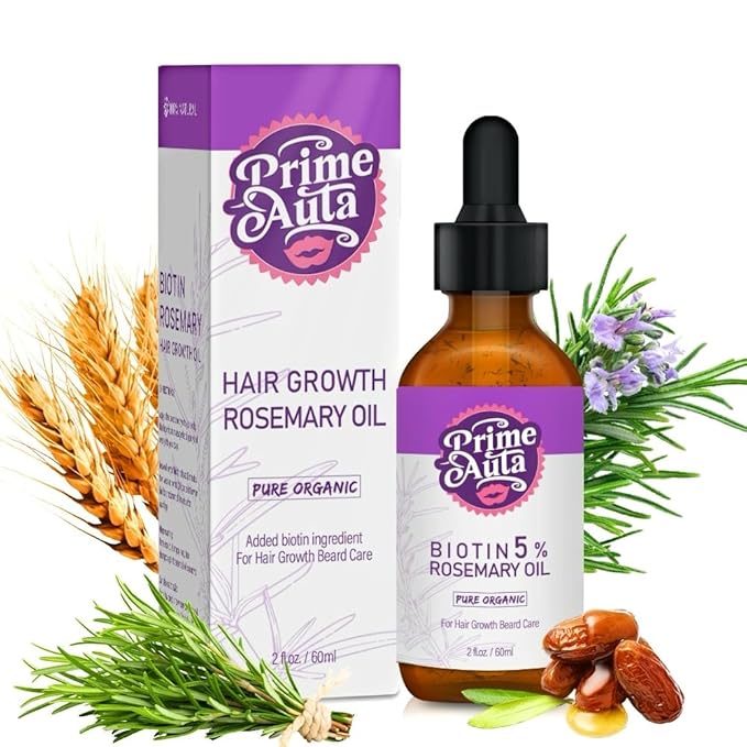 Prime Auta Organic Hair Growth Rosemary Oil with Biotin 5%, 2 fl oz, Hair and Beard Care