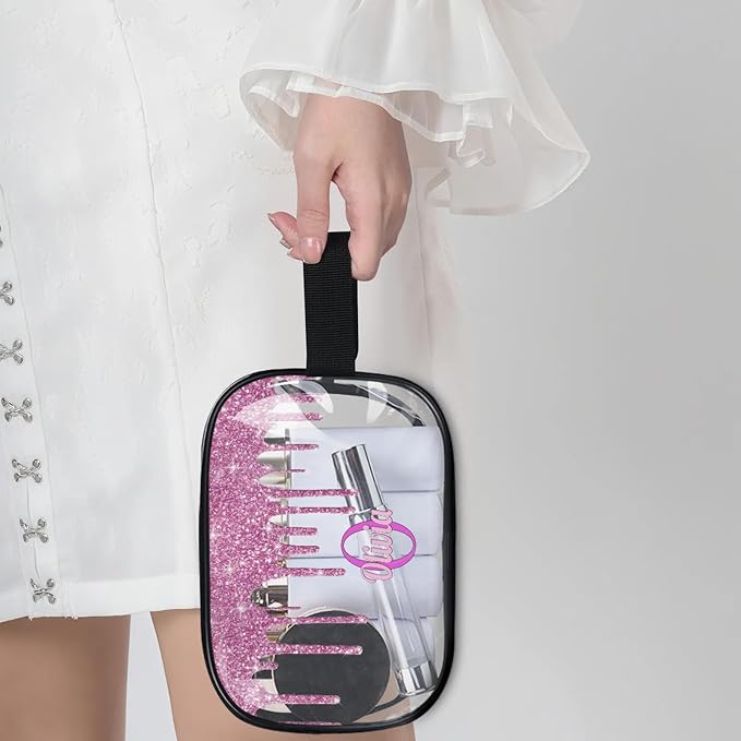 Personalized Transparent Travel Cosmetic Bag Waterproof Makeup Bags, Custom Name Clear Organizer Case Toiletries Container Bag, Orchid Pink Water Fluid Shape Shiny Glitters
