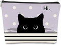 Cat Makeup Bag - Small Cute Cosmetic Bag for Women & Girls, Black & Purple Polka Dot Cat Lady Gifts