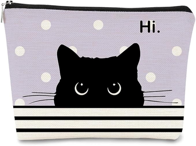 Cat Makeup Bag - Small Cute Cosmetic Bag for Women & Girls, Black & Purple Polka Dot Cat Lady Gifts
