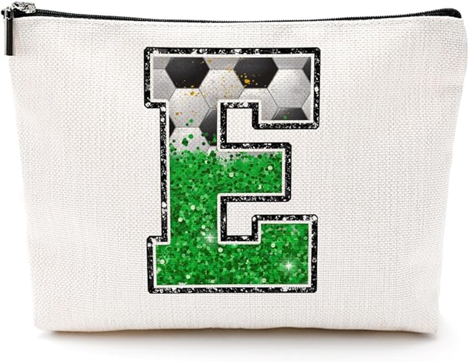 Soccer Gifts Initial Makeup Bag Monogrammed Cosmetic Bag Letter E Zipper Pouch Soccer Accessories for Girls Women Player Coach Friend Stuff Graduation Birthday Gifts