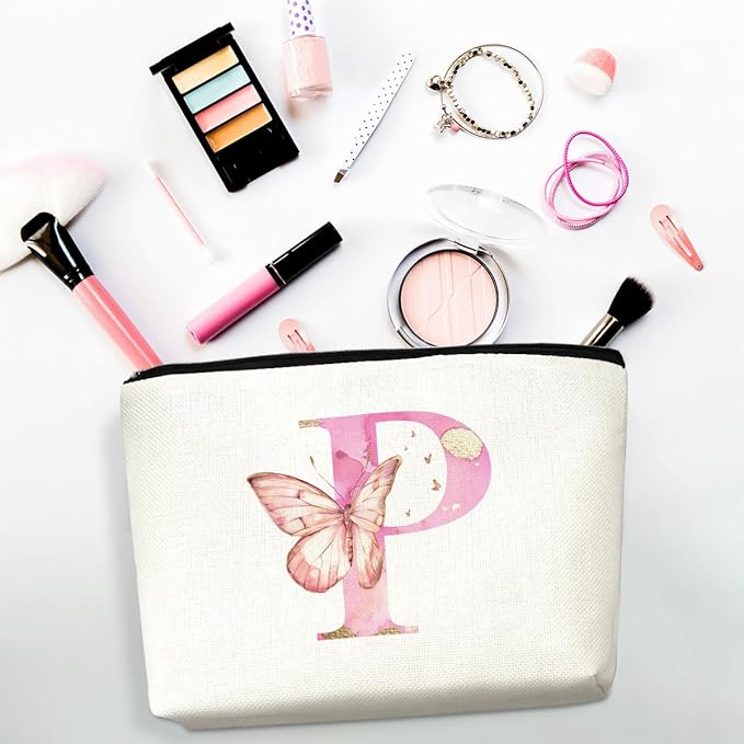 Christmas Thank You Gifts, Initial Makeup Bag Pink Butterfly P Personalized Cosmetic Bag Monogrammed Gifts for Women Girls Bride Bridesmaid Zipper Pouch for Birthday Wedding Bridal Shower Gifts