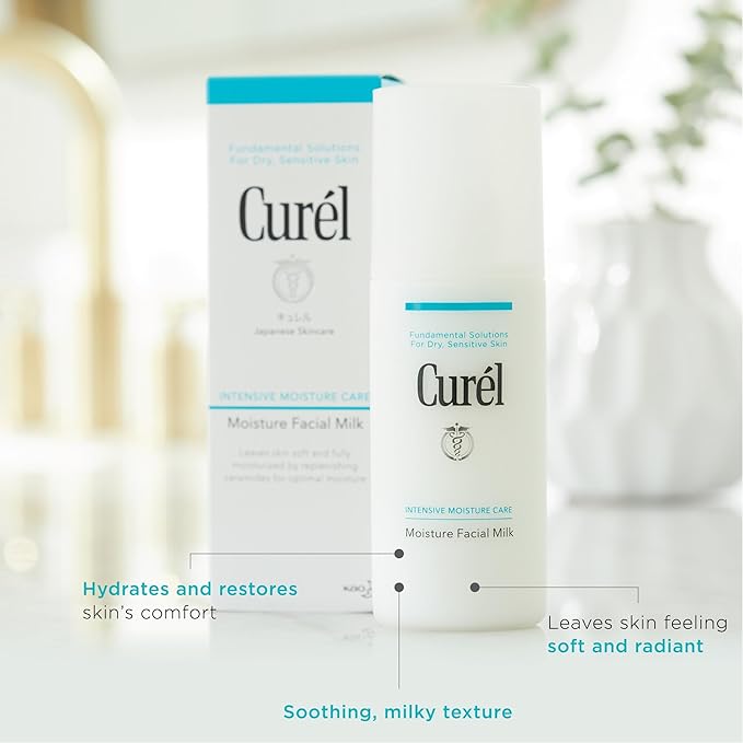 Curel Japanese Skin Care Moisture Facial Milk, Face moisturizer for Dry, Sensitive Skin, pH Balanced, Relieves Tightness and Calms, Fragrance & Alcohol Free Face Lotion, Facial Serum, 4 Fl Oz