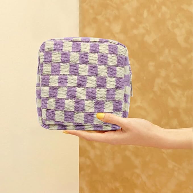 Small Purple Makeup Bag for Purse, Mini Checkered Cosmetic Bag Zipper Cute Make Up Pouch Travel Toiletry Bag Quilted Aesthetic Accessories Makeup Storage Bag Organizer for Women Girls