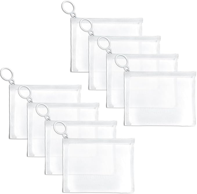 8 Pack Mini Zipper Mesh Makeup Bags, Nylon Cosmetic Bags Toiletry Purse Travel Organizer Bags Inside Bag for Office Travel Organization (White, XS)