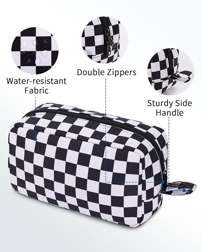 Narwey Checkered Makeup Bag Travel Cosmetic Bag Organizer Small Toiletry Bag Make Up Bags with Organized Pockets for Women (Black Checkerboard, Large)
