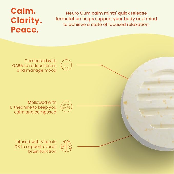 NeuroGum Calm & Clarity Mints (Honey Lemon, 90 Pieces) | GABA + L-Theanine + Vitamin D3 | Sugar Free Mood & Stress Relief Supplement