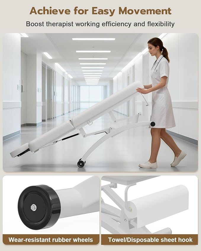 Paddie 550lbs Electric Lift Massage Table Professional for Treatment/Facial/Beauty/Spa/Physical Therapy, Adjustable Backrest/Face Cradle/Rolling Wheels, White