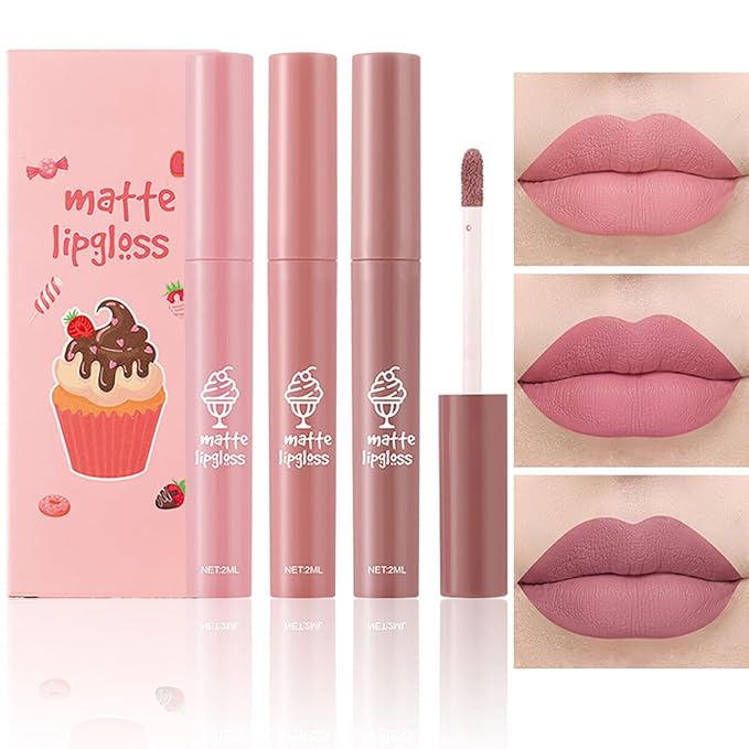 3Pcs Nude Matte Lipstick Set, Ice Cream Velvet Smooth Matte Lip Gloss, 24 Hour Natural Long Lasting & Nourishing Lip Glaze Non-stick Cup for Women Makeup (Set A)