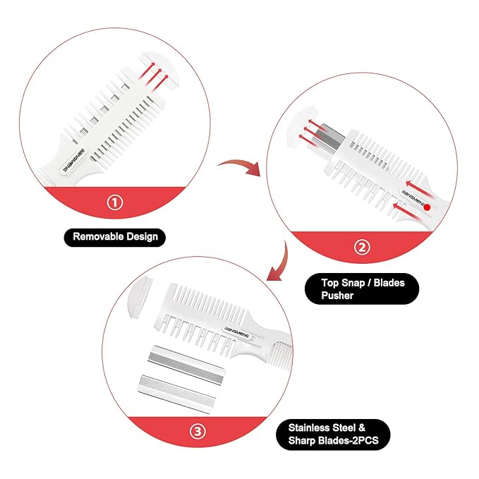 Hair Trimmer With Split Ends Razor - 2 Pieces For Thin & Thick Hair Cutting and Styling: Dense & Wide Teeth Combs, Double-Edge Blades