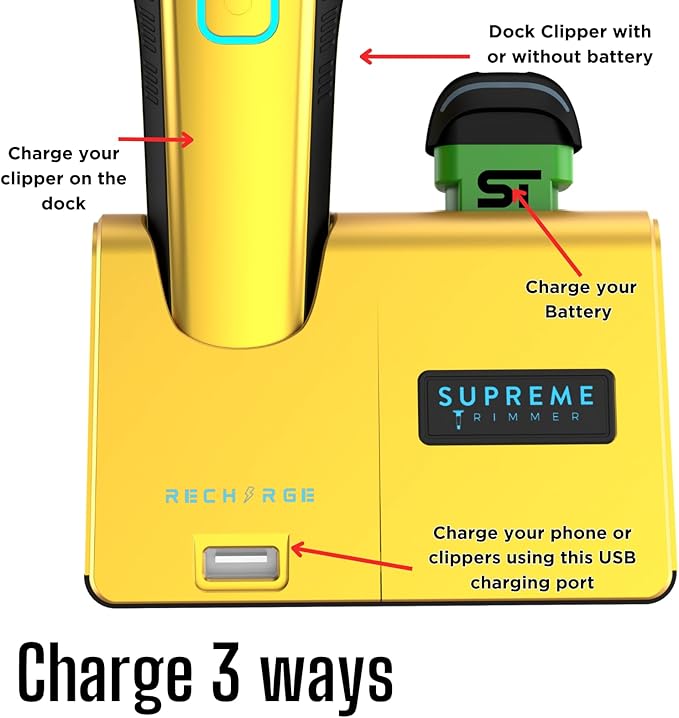 Supreme Trimmer Recharge Clipper - Professional Hair Clipper with 2 Removable Batteries, Brushless Motor, Smart Charge Stand, USB-C Charge & DLC Blades Barbers | STC779