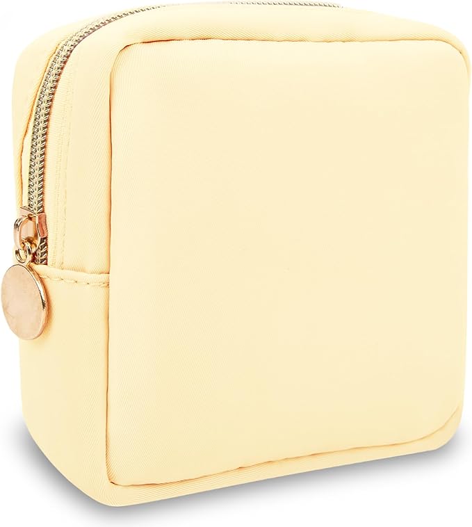Nylon Mini Makeup Bag for Purse, Preppy Small Cute Makeup Bag Cosmetic Zipper Pouch Purse, Waterproof Travel Coin Pouch Sanitary Napkin Storage Bag Clutch Makeup Organizer for Women Men Girls(Beige)