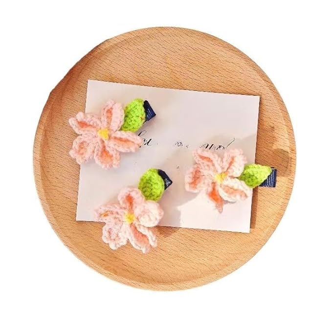 2PCS Crochet Knitting Hair Clip for Girls/Daughter, Gift for Her Birthday, Finished Handmade Wool Knitted Pink Sakura