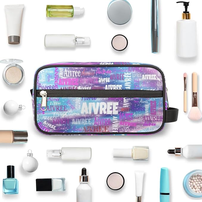 Personalized Travel Cosmetic Bag Waterproof Makeup Bags, Custom Name Purple Blue Galaxy Organizer Case Toiletries Container Bag