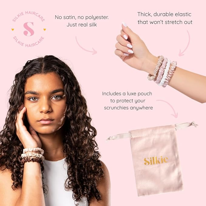 SILKIE x4 Set 100% Pure Mulberry Silk Brown Skinny Scrunchies Travel Pouch Everyday Hair Ties Elastics Hair Care Ponytail Holder No Damage (Praline)