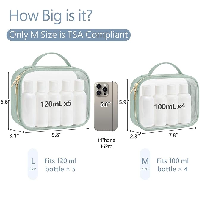 PACKISM TSA Approved Toiletry Bag, 2 Pack Clear Makeup Bags with Handle Large Opening, Clear Toiletry Bag Fit Carry-on Travel Essential, Travel Bags for Toiletries, Laurel Green