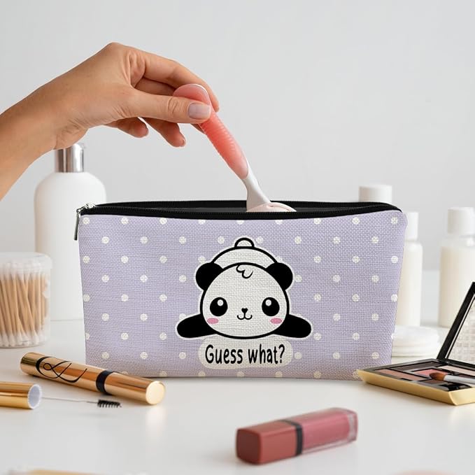 Cute Baby Panda Guess What It's Pug Butt Cosmetic Bag, Purple Makeup Case for Teen Girls & Women, Canvas Zipper Pouch