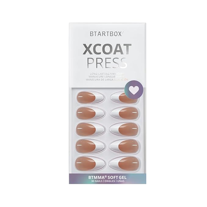 BTArtbox French Tip Press On Nails - Medium Press On Nails Almond, Natural Fake Nail with Nail Glue, Brown Glue On Nails in 15 Sizes - 30 Fake Nails Kit, Capable