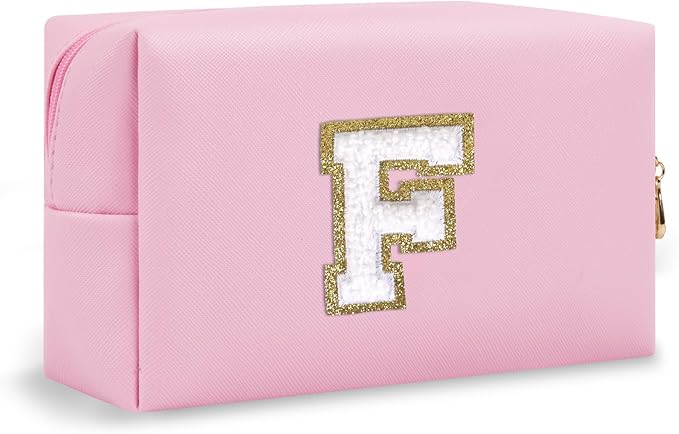 Small Initial Preppy Makeup Bag, Personalized Travel Cosmetic Organizer Chenille Letter Pink Toiletry Zipper Pouch, Portable Waterproof Make Up Case Friendship Gifts for Families Friends(Letter F)