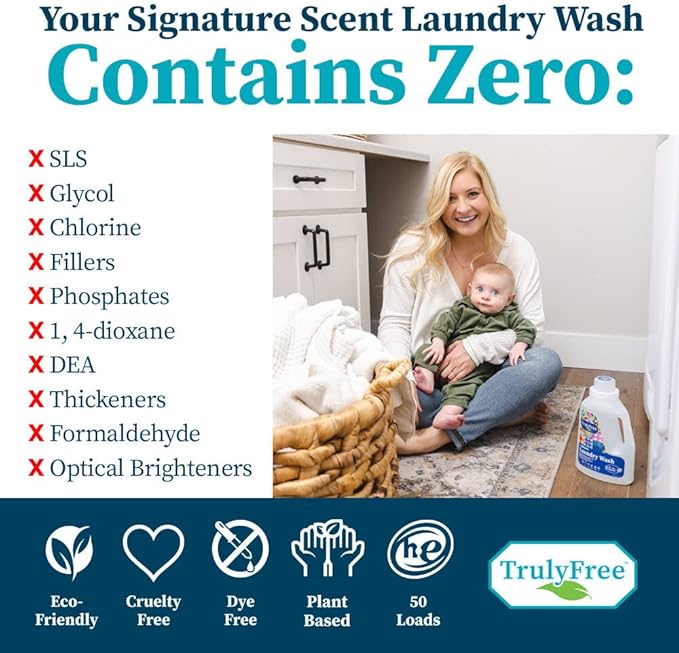Truly Free Natural Laundry Detergent for Sensitive Skin | Eco Friendly, Plant Based, Baby Clothes Safe | Clean & Easy Powder to Liquid, 3 Pack Detergent + 1 Refillable Jug | Signature Scent 150 Loads