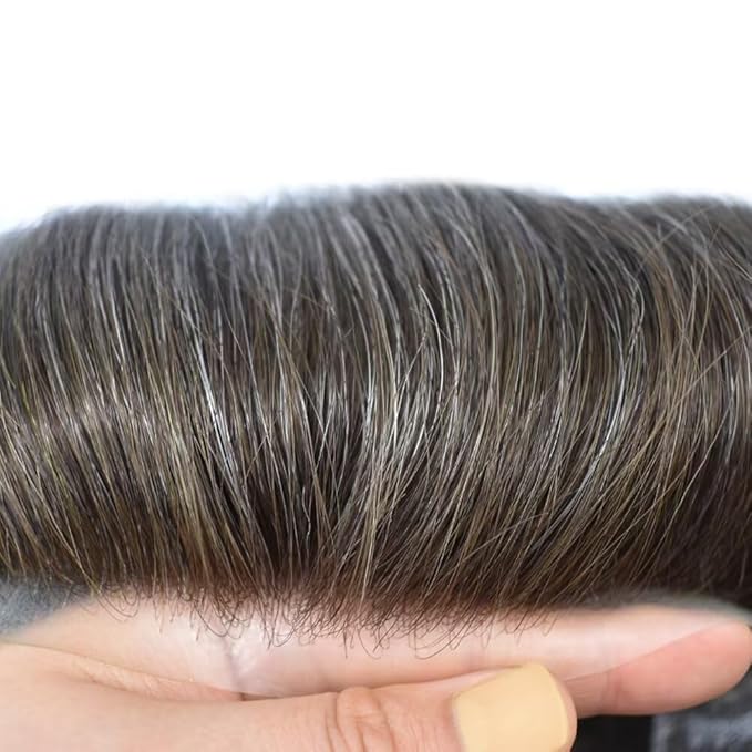 FACE MIRACLE Lace Front Mens Toupee Human Hair System Swiss Lace Center Toupee for Men Thin Skin PU Around Hair Replacement System V-Looped Mens Hair Wig Units 7"X9" #430 Medium Brown with 30% Gray
