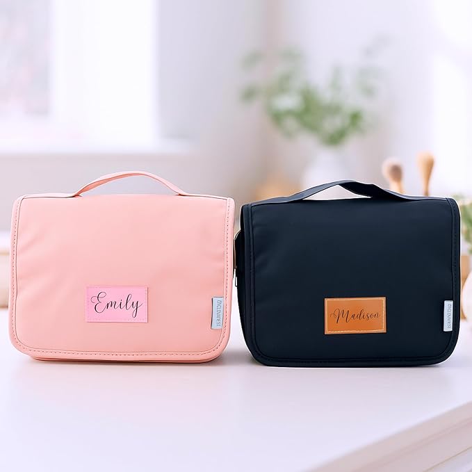 Custom Travel Toiletry Bag for Women, Personalized Vegan Leather Makeup Bag with Hanging Hook, Unique Bridesmaid Gifts, Wedding Gifts, Travel Containers, Womens gifts for Birthday