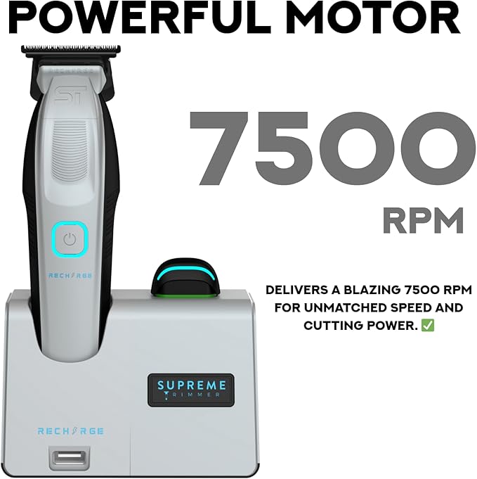 Supreme Trimmer Recharge ST777 – Professional Barber Trimmer with 2 Removable Batteries | 8000 RPM Motor, Zero Gap DLC Blades, Smart Charging Dock, USB-C Fast Charge