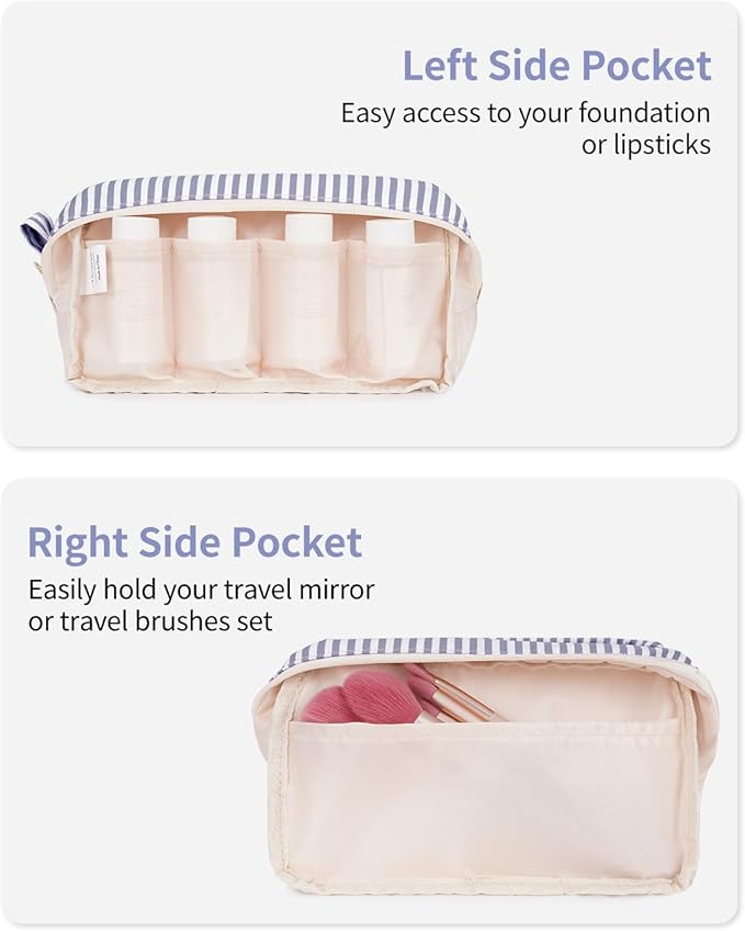 Narwey Cute Makeup Bag Small Toiletry Bag Travel Cosmetic Bag Organizer Make Up Bags with Organized Pockets for Women (Greyish Blue Stripe, Large)