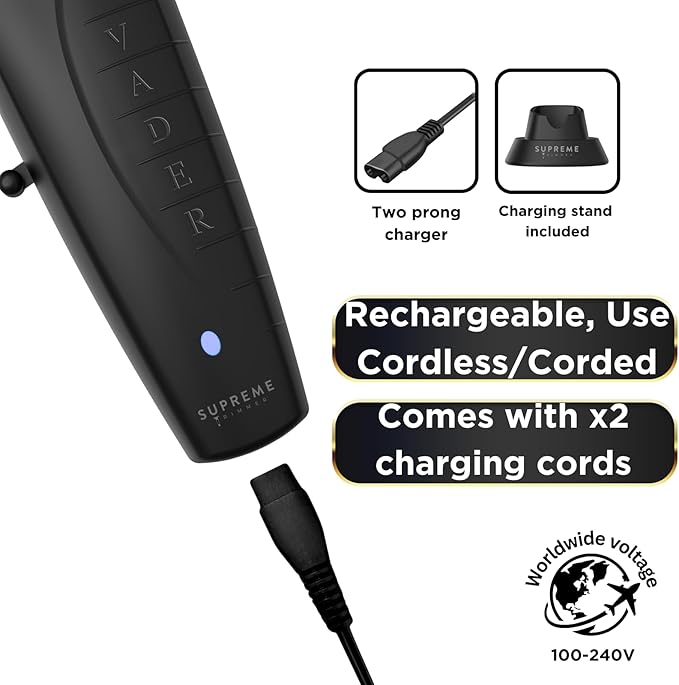 Supreme Trimmer Vader Clipper with DLC Taper Blade STC5098 | 210 Min Run Time 7500 RPM Hair Trimmer | Professional Brushless Motor Barber Clipper | Black