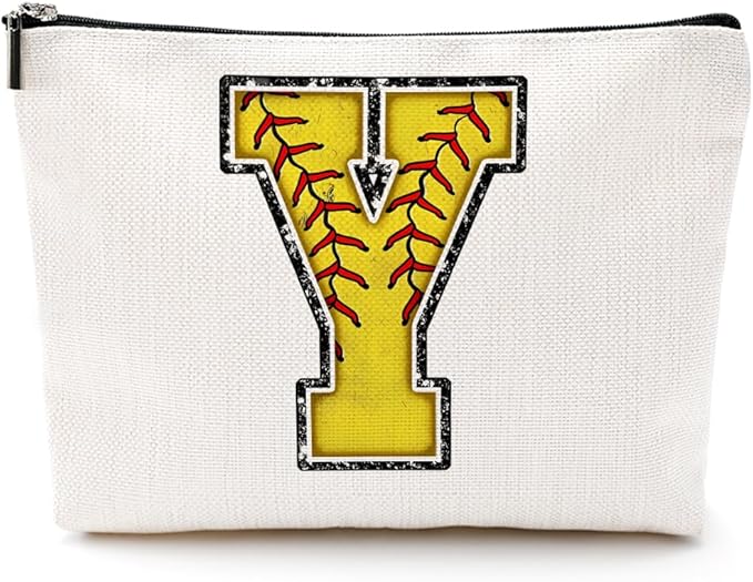 Initial Makeup Bag Monogrammed Cosmetic Bag Letter Y Zipper Pouch Softball Accessories for Girls Women Player Coach Friend Graduation Birthday Gifts