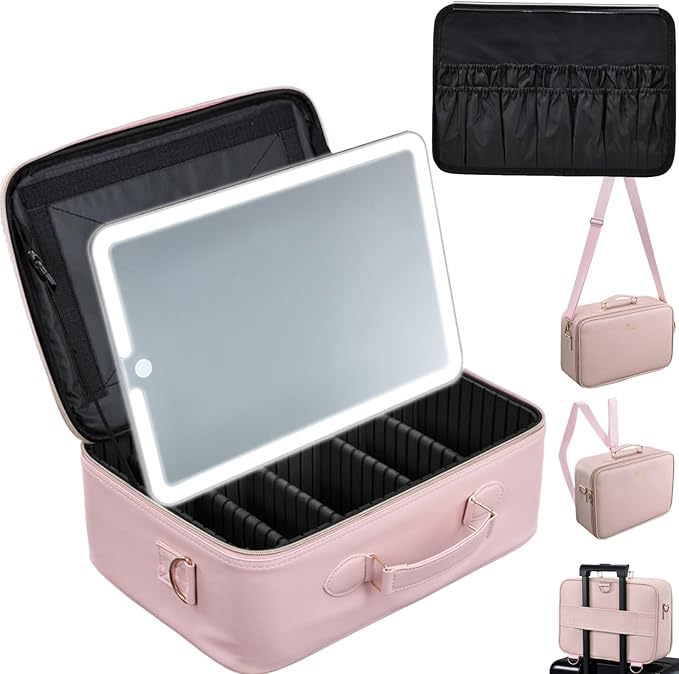 Large Makeup Bag with LED Mirror,Travel Cosmetic Train Case for Makeup Artists,Makeup Organizer Case with Divider Rechargeable Vanity Mirror with 3 Color Lights for Barber,MUA,Nail Tech, Pink