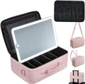 Large Makeup Bag with LED Mirror,Travel Cosmetic Train Case for Makeup Artists,Makeup Organizer Case with Divider Rechargeable Vanity Mirror with 3 Color Lights for Barber,MUA,Nail Tech, Pink