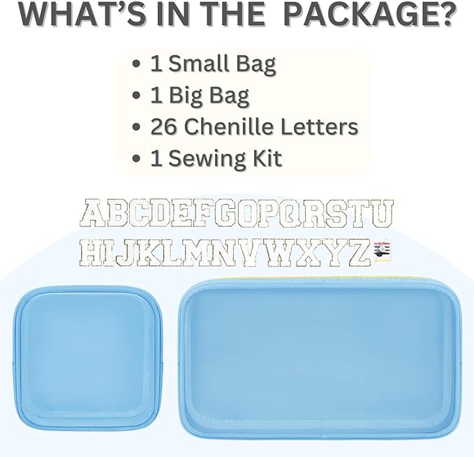 2PCS Personalized Preppy Makeup Bag Set, Small Makeup Pouch & Large Cosmetic Bag, Premium 26 Chenille Letters, Cute Skincare Bag, Birthday Gifts for Girls Woman (Blue)