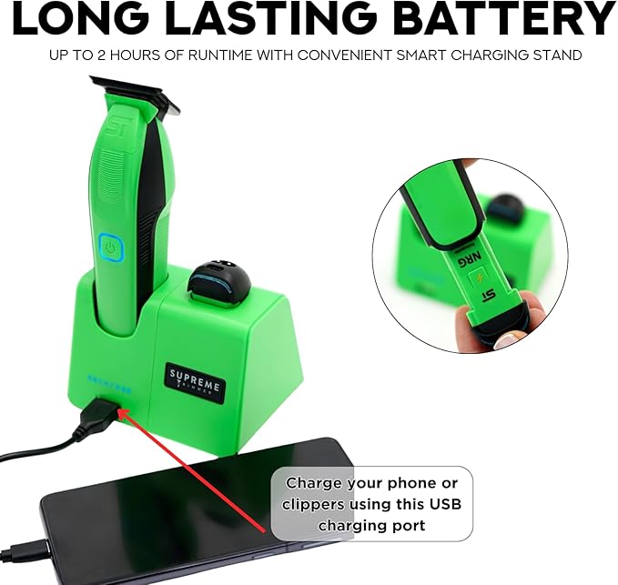 Supreme Trimmer Recharge ST777 – Professional Barber Trimmer with 2 Removable Batteries | 8000 RPM Motor, Zero Gap DLC Blades, Smart Charging Dock, USB-C Fast Charge