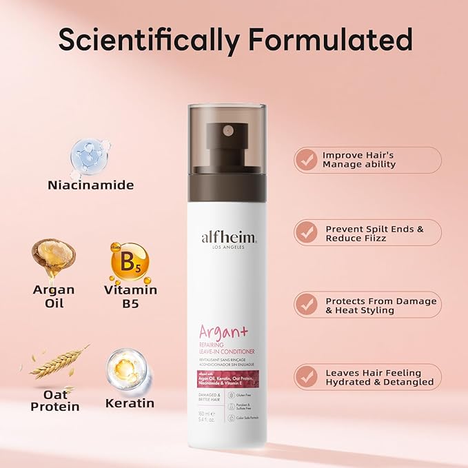 ALFHEIM Argan+ Repairing Leave-in Conditioner Spray for Dry, Damaged & Frizzy Hair with Argan Oil, Keratin, Oat Protein – Instant Detangling, Shine & Frizz Control – Color Safe, Sulfate Free – 5.4 oz