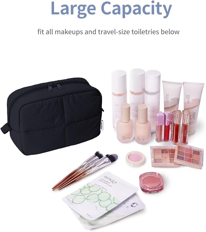 Narwey Puffy Makeup Bag for Travel Women Girl, Quilted Makeup Bag Cosmetic Bag, Cute Puffer Make Up Organizer Bags, Travel Toiletry Bag Toiletries (Black)