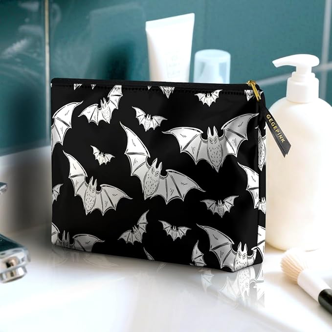 Cute Makeup Bag for Purse Waterproof Cosmetic Bags for Women Funny Smooth Zipper Travel Toiletry Pouch 10X8 Inches-Halloween Bat Makeup pouch