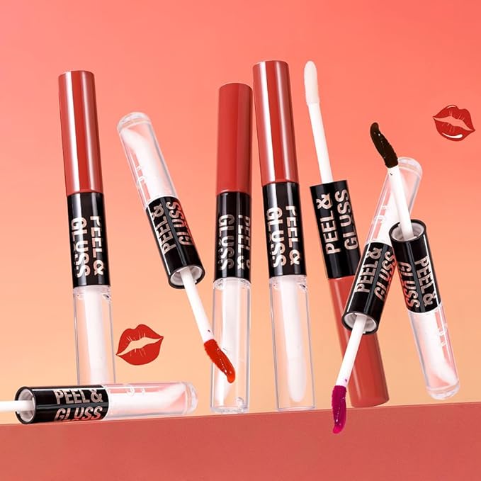 Vivid Coral Lip Stain Peel off Lip Oil Dual Ended Combo Set, 2 in 1 Lips Liner Stain Oil Peel off Long Lasting Waterproof, High Pigmented Flawless Lips Tint Stick Not Faded Vegan & Cruelty-free 04#