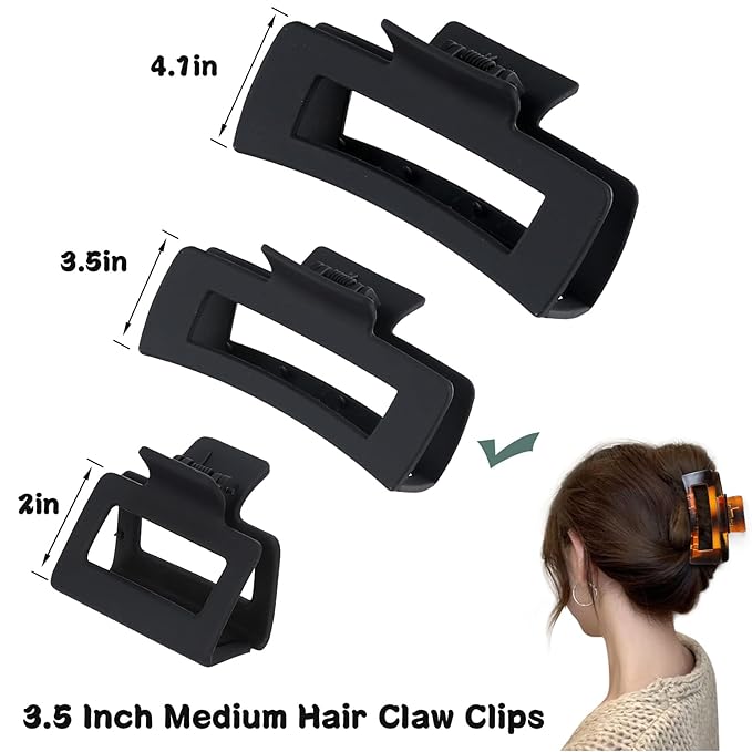 3.5 Inch Medium Hair Accessories - 12 Pcs Square Jaw Clips for Thick and Thin Hair, Rectangular Rectangle Basic Color Hair Clips for Women and Girls