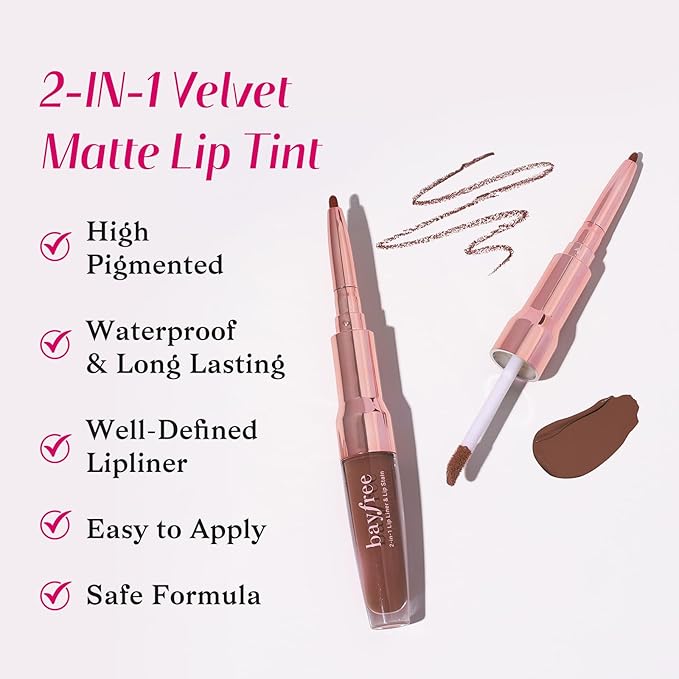 bayfree 2-IN-1 Lip Liner and Lip Stain, High Pigmented Long Lasting Velvet Lip Tint, Well-Defined Lipliner, Weightless Waterproof Not Animal Tested, Matte Finish Makeup