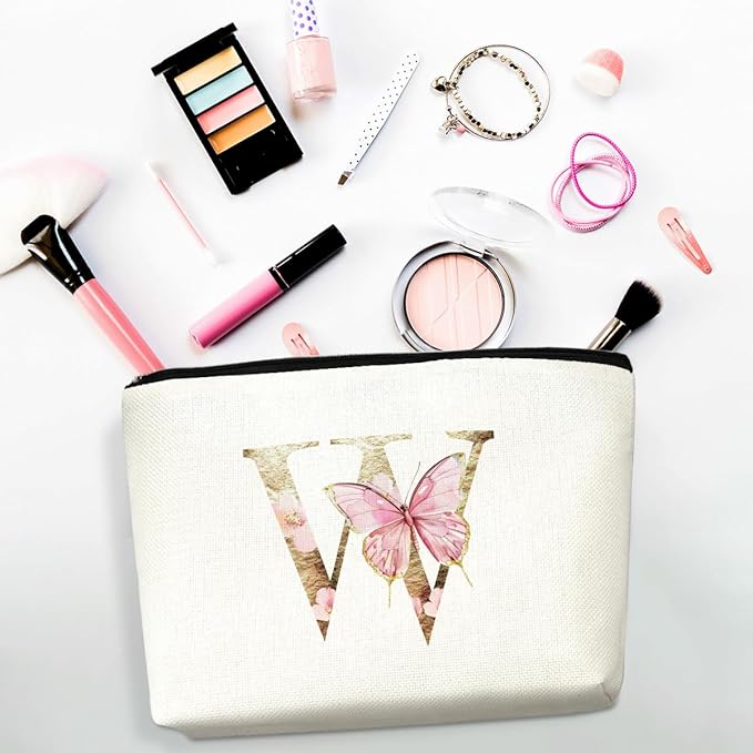 Initial Makeup Bag Pink Butterfly W Personalized Cosmetic Bag Monogrammed Gifts for Women Girls Mama Bridesmaid Monogram Zipper Pouch for Friendship Mothers Day Birthday Wedding Bridal Shower Gifts