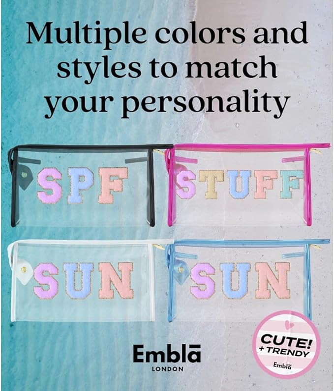Embla Makeup and Lotion Bag - Waterproof Makeup and Sunscreen Pouch for Travel, Beach, Pool - Clear Zipper Pouch for Sunscreen and Cosmetics Storage, Durable Make Up Organizer for Beach Bag Essentials
