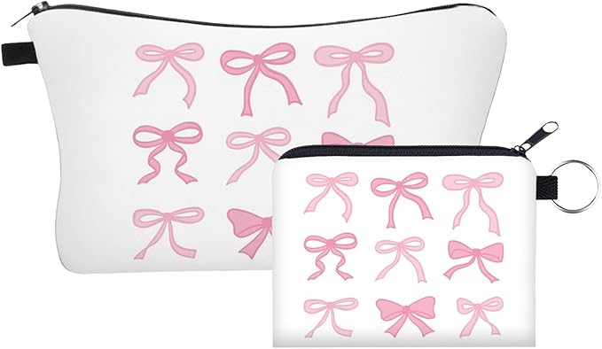Bow Makeup Bag Set for Women, Cute Travel Cosmetic Pouch Toiletry Organizer with Zipper, Aesthetic Makeup Bags for Purse, Gifts for Girls Teens Bridesmaids