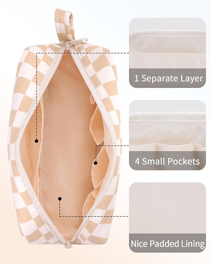 Narwey Checkered Makeup Bag Travel Cosmetic Bag Organizer Small Toiletry Bag Make Up Bags with Organized Pockets for Women (Light Checkerboard, Large)