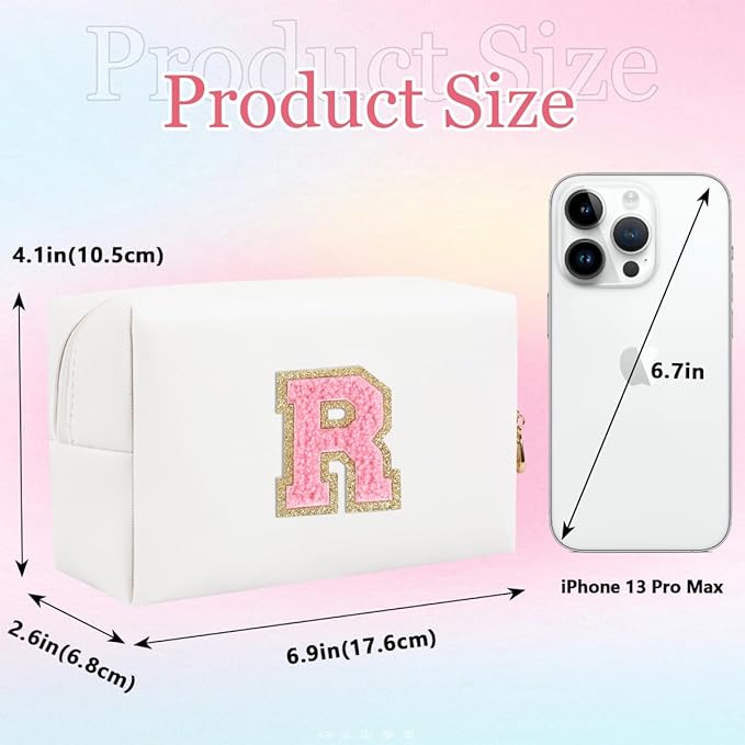 Small Personalized Letter Makeup Bag, Cute PU Leather Chenille Letters Cosmetic Bag Travel Makeup Pouch, Preppy Travel Organizer Zipper Pouch for Women&Girls（WhitePink-R）