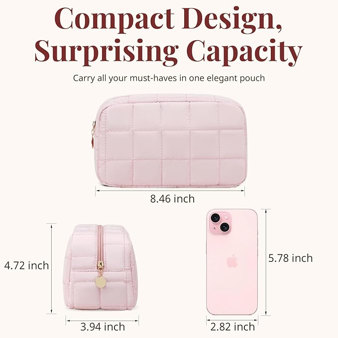Makeup Bag for Women, Travel Cosmetic Bag Organizer with Compartments, Quilted Puffy Toiletry Pouch for Brushes, Essentials and Accessories, Pink